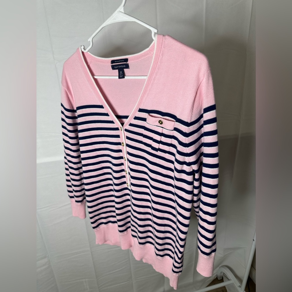 Lands’ End Pink/Navy Stripped Sweater Botton Down | Vintage | 100% Supima Cotton